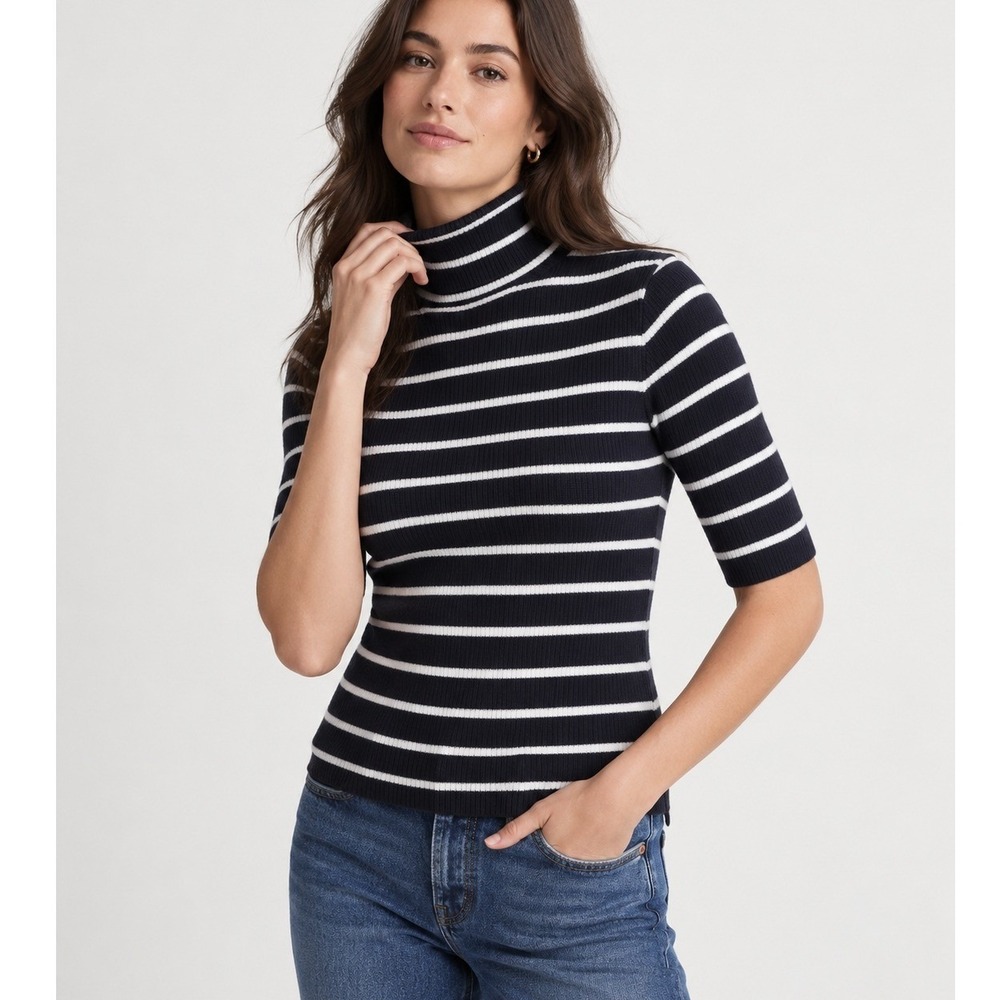 Madewell Ribbed Turtleneck Sweater Tee Womens M Black White Striped Merino Wool